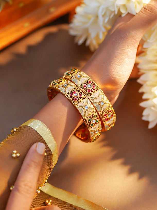 Rubans Set of 2 Red & Green Studded Enamel Bangles In Gold Tone