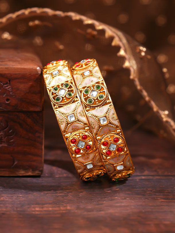 Rubans Set of 2 Red & Green Studded Enamel Bangles In Gold Tone
