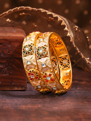 Rubans Set of 2 Red & Green Studded Enamel Bangles In Gold Tone