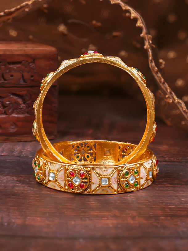 Rubans Set of 2 Red & Green Studded Enamel Bangles In Gold Tone