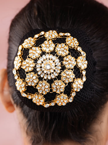 Gold-Plated White Kundan Floral Hair Bun Cover