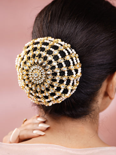 Gold-Plated White Kundan & Pearl Beaded Hair Bun Cover