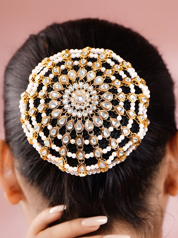 Gold-Plated White Kundan & Pearl Beaded Hair Bun Cover