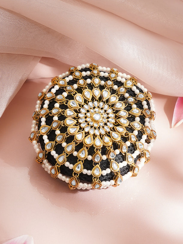Gold-Plated White Kundan & Pearl Beaded Hair Bun Cover