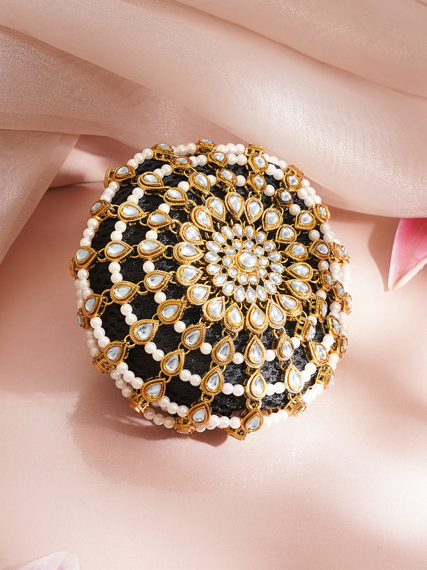 Gold-Plated White Kundan & Pearl Beaded Hair Bun Cover