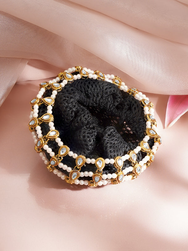 Gold-Plated White Kundan & Pearl Beaded Hair Bun Cover