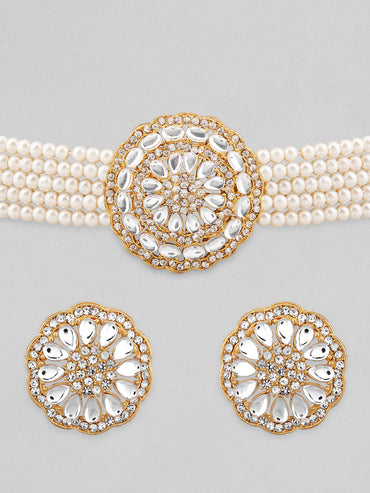 Rubans Gold Plated Elegant Kundan Choker Set With White Beads.