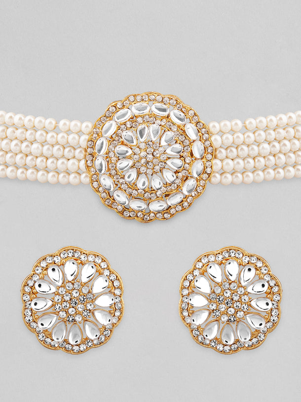 Rubans Gold Plated Elegant Kundan Choker Set With White Beads.
