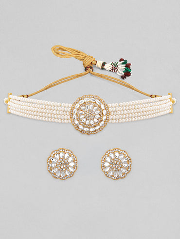 Rubans Gold Plated Elegant Kundan Choker Set With White Beads.