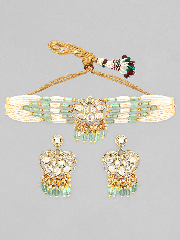 Rubans Gold Plated Kundan Choker Set With White And Mint Green Beads