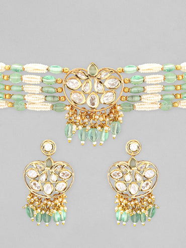 Rubans Gold Plated Kundan Choker Set With White And Mint Green Beads