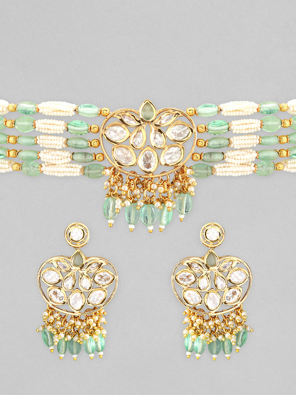 Rubans Gold Plated Kundan Choker Set With White And Mint Green Beads