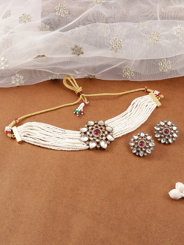 Refined Petal Kundan & Red Choker Set