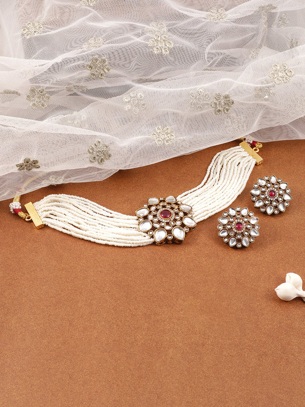 Refined Petal Kundan & Red Choker Set