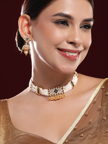 High-Craft Green Pink Kundan Choker Set