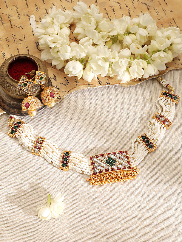 High-Craft Green Pink Kundan Choker Set