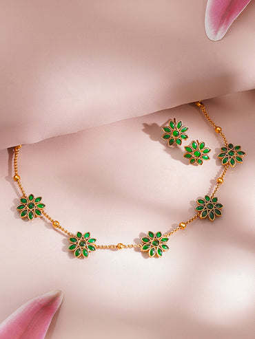 Gold Plated Emerald Floral Jewellery Set