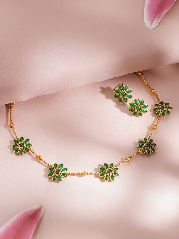 Gold Plated Emerald Floral Jewellery Set