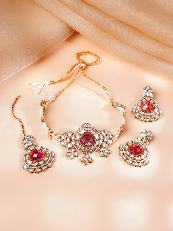 Gold Plated Pearl Beaded Ruby Red Kundan Choker Set With Maangtikka