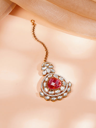 Gold Plated Pearl Beaded Ruby Red Kundan Choker Set With Maangtikka
