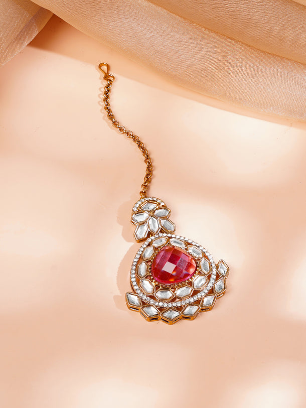 Gold Plated Pearl Beaded Ruby Red Kundan Choker Set With Maangtikka