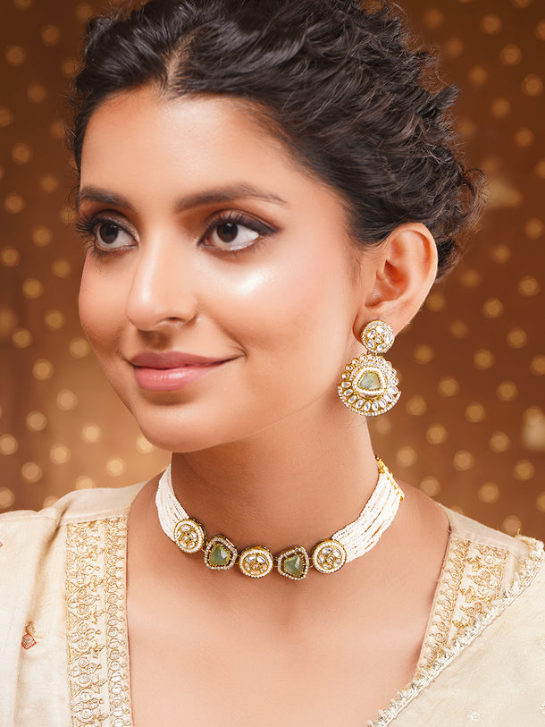 Gold Plated Kundan Pearl Strand Choker Set
