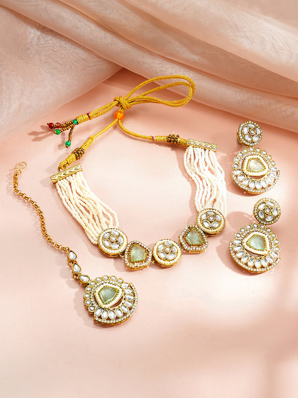 Gold Plated Kundan Pearl Strand Choker Set