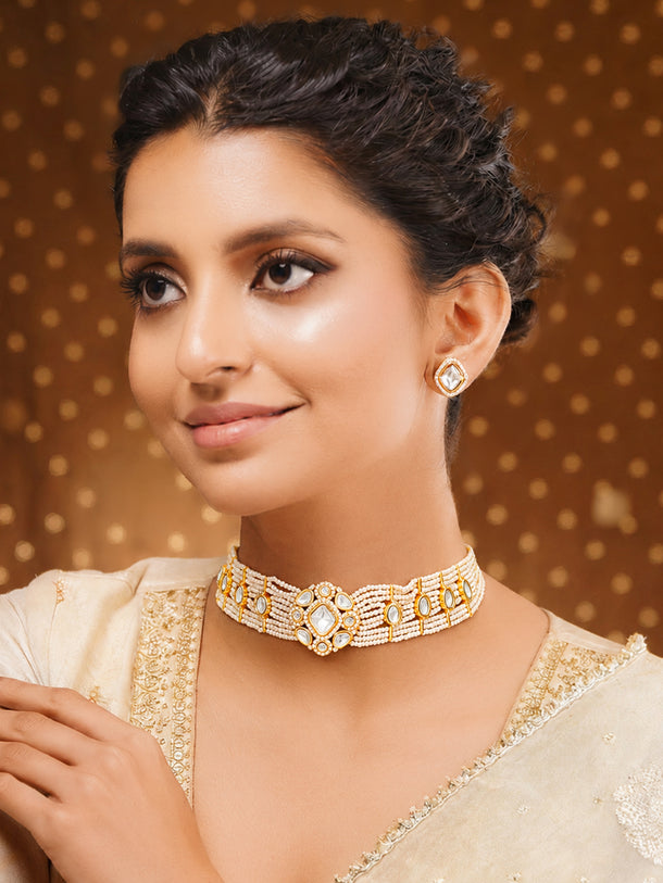 Gold Plated Kundan Pearl Beaded Choker Necklace Set