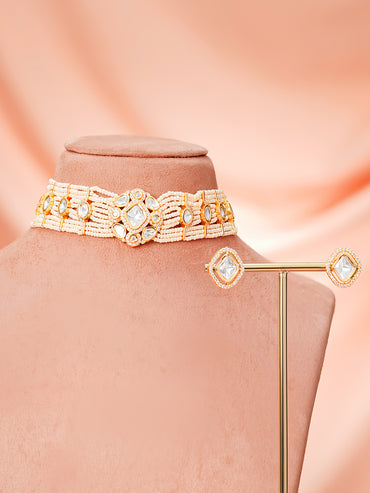 Gold Plated Kundan Pearl Beaded Choker Necklace Set