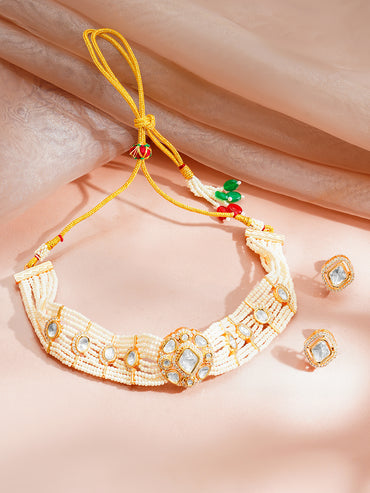 Gold Plated Kundan Pearl Beaded Choker Necklace Set