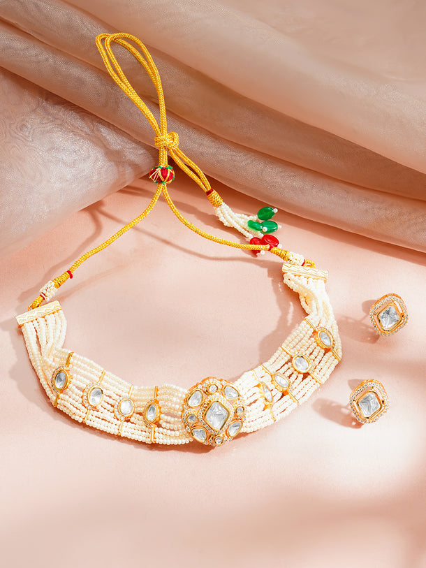 Gold Plated Kundan Pearl Beaded Choker Necklace Set
