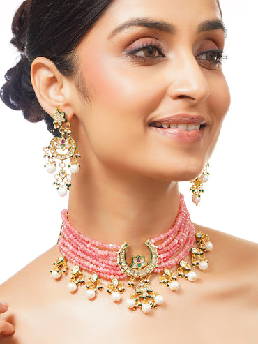 Gold Plated Crescent Meenakari Kundan Beaded Choker Set
