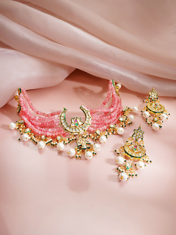 Gold Plated Crescent Meenakari Kundan Beaded Choker Set