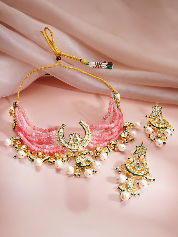 Gold Plated Crescent Meenakari Kundan Beaded Choker Set