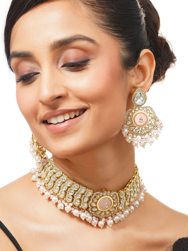 Gold Plated Blush Rose Kundan Pearl Bridal Choker Tikka Set