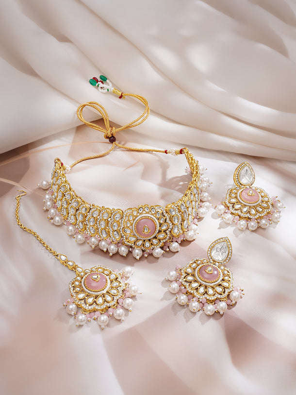 Gold Plated Blush Rose Kundan Pearl Bridal Choker Tikka Set