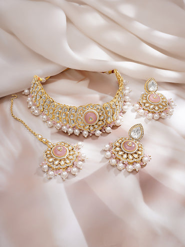 Gold Plated Blush Rose Kundan Pearl Bridal Choker Tikka Set
