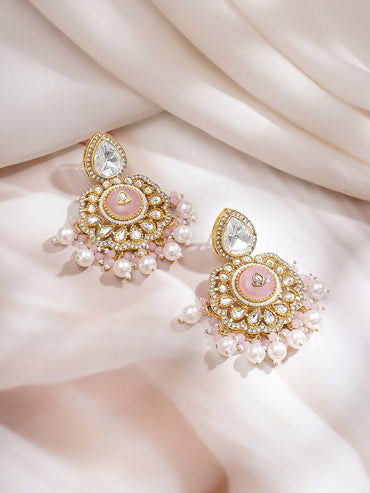 Gold Plated Blush Rose Kundan Pearl Bridal Choker Tikka Set