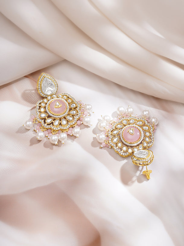 Gold Plated Blush Rose Kundan Pearl Bridal Choker Tikka Set