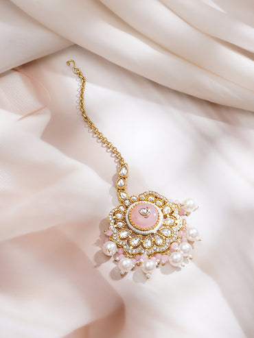 Gold Plated Blush Rose Kundan Pearl Bridal Choker Tikka Set