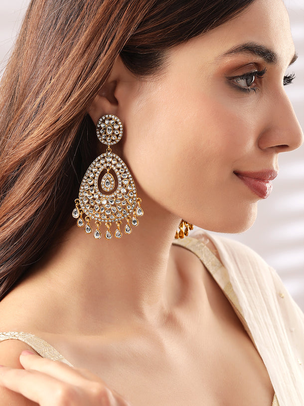 Rubans 22K Gold-Plated Kundan Studded Handcrafted Chandelier Earrings with Kundan Droplets