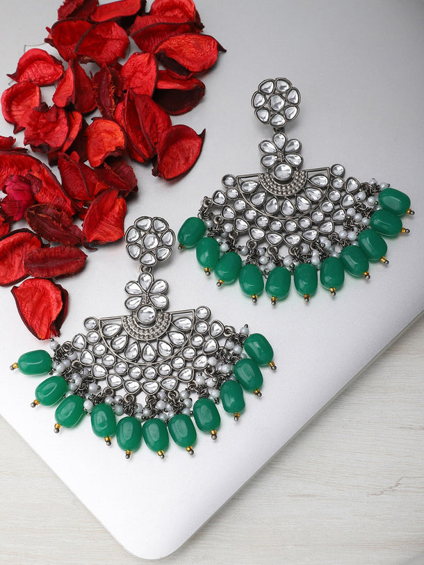 Rubans Black Metal Kundan  Statement Chandbali Earrings