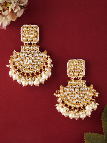 Rubans 18K Gold-Plated Handcrafted Kundan-Studded Long Chandbalis with Off-White Pearl-Beaded