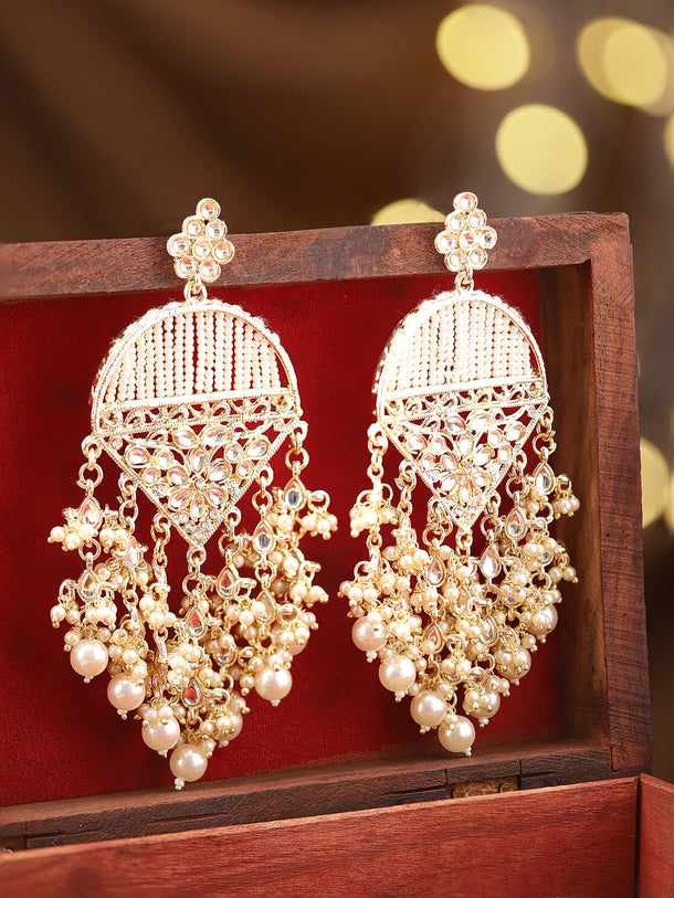 Rubans 18K Gold Plated Kundan Work and Off-White Pearl Beaded Handcrafted Big Chandelier