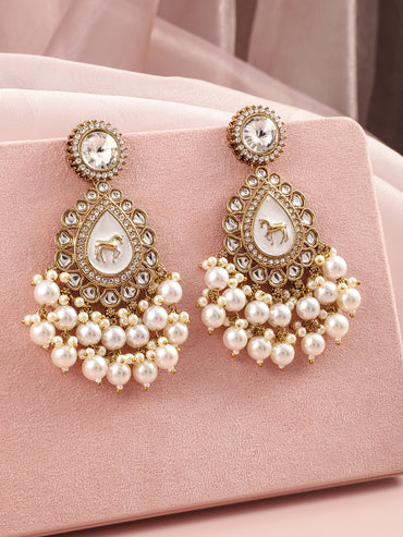 Gleaming White Pearl Kundan Danglers