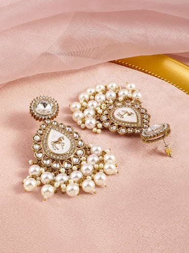 Gleaming White Pearl Kundan Danglers