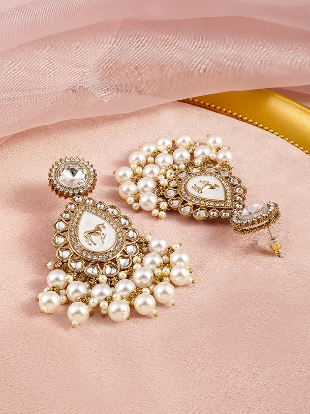 Gleaming White Pearl Kundan Danglers