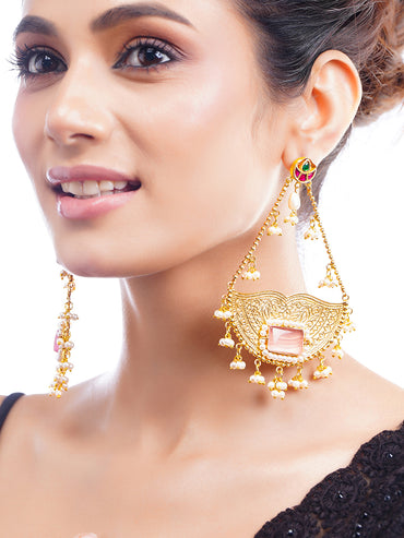 Gold Plated Pastel Pink Pearl Kashmiri Dangler Earrings