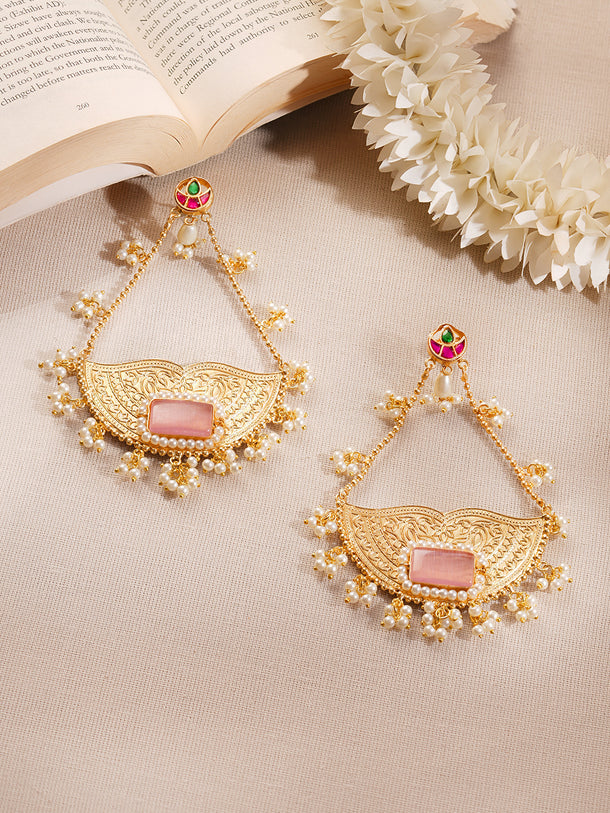 Gold Plated Pastel Pink Pearl Kashmiri Dangler Earrings