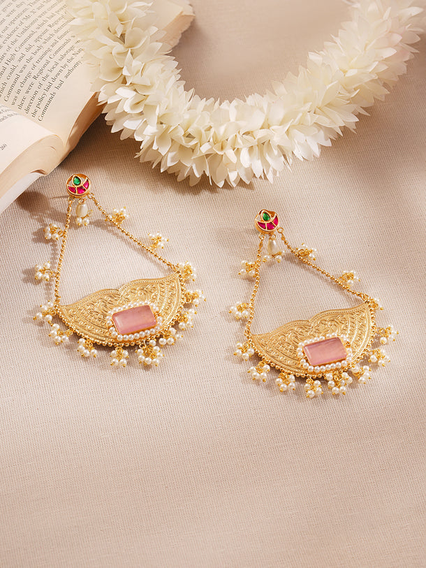 Gold Plated Pastel Pink Pearl Kashmiri Dangler Earrings